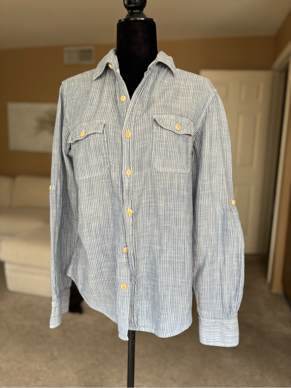 Vince Men’s Light Blue Striped Cotton Button-Up Shirt Size Medium